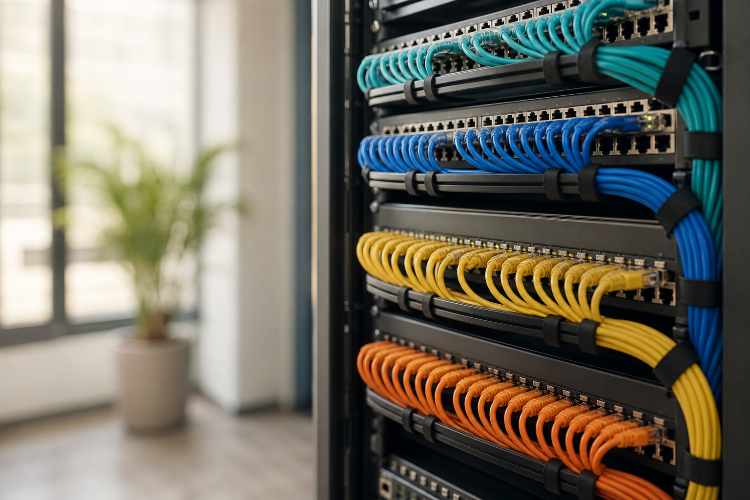 A tidy network rack with neatly bundled ethernet cables